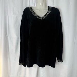 Black V-Neck Sweater with Embellished Trim